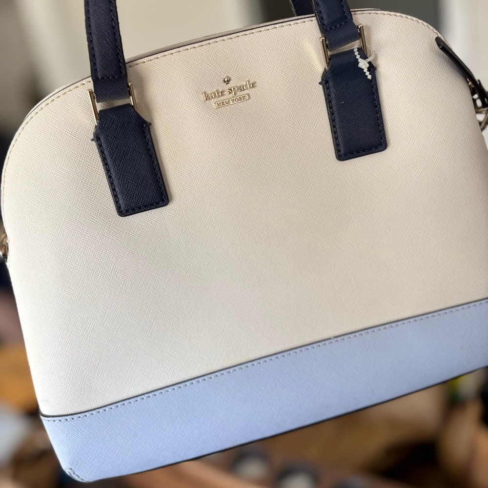 Kate Spade Cream and Blue Satchel with Silver Hardware